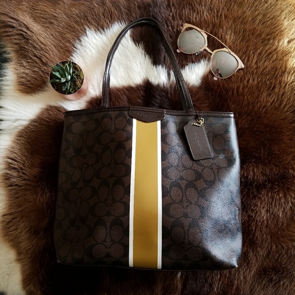 Coach Handbags - Coach Dark Brown Signature Stripe tote Yellow